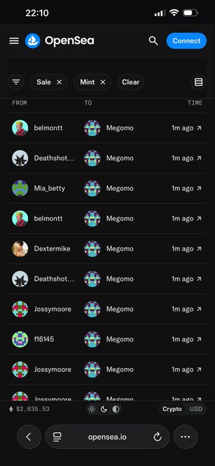 OpenSea mobile interface showing a transaction activity feed with filters for Sale and Mint, displaying various users like belmonltt, Mia_betty, and Jossymoore trading a NFT collection called Megomo 1m ago, with portfolio value $2,635.53 displayed at the bottom.