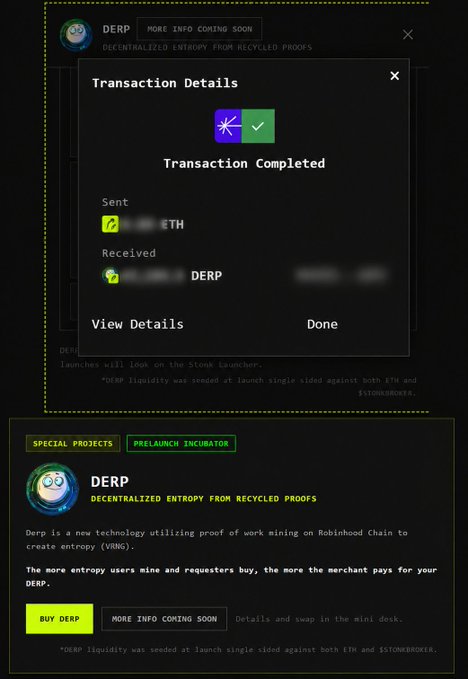 A screenshot showing a completed crypto transaction swapping ETH for DERP tokens, with a description below explaining DERP as 'Decentralized Entropy From Recycled Proofs' on the Robinhood Chain.