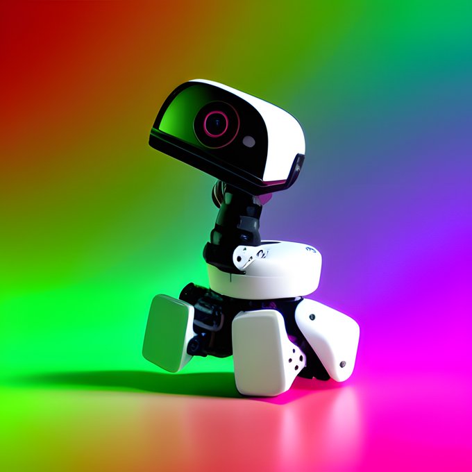 A small white and black robot with a camera for a head and dice-like cube joints stands against a vibrant rainbow gradient background.