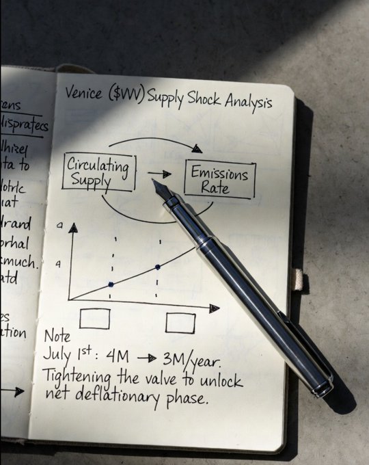 A handwritten notebook page titled 'Venice ($VVV) Supply Shock Analysis' showing a diagram relating Circulating Supply to Emissions Rate, with notes about a July 1st reduction from 4M to 3M/year to 'unlock net deflationary phase.'