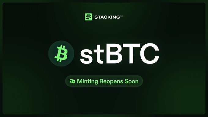 The image displays a Stacking DAO promotional graphic featuring the "stBTC" ticker alongside the Bitcoin logo, with a "Minting Reopens Soon" button—reinforcing the post's announcement about new Bitcoin staking capacity offering 2.4% BTC yield on a first-come, first-served basis.
