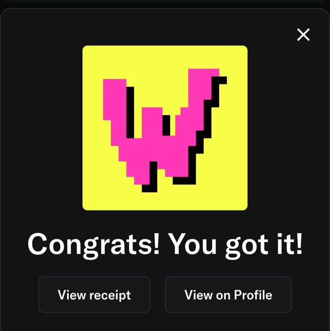 A celebration screen with a pixelated pink 'W' on a yellow background reads 'Congrats! You got it!' with buttons to 'View receipt' and 'View on Profile'.