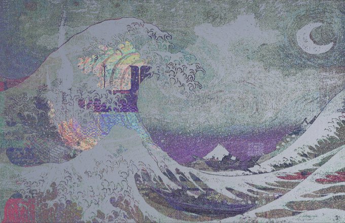 A stylized, holographic-textured image recreating Hokusai's famous "Great Wave off Kanagawa," featuring the towering wave, Mt. Fuji, and a crescent moon in the sky.