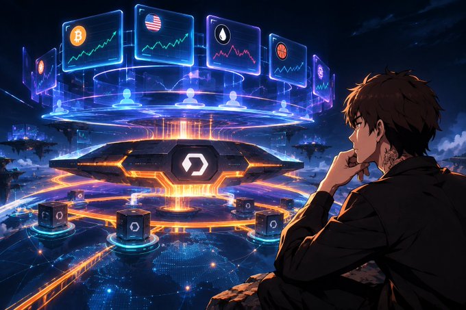 An anime-style digital illustration of a brown-haired young man contemplating a futuristic, glowing crypto exchange platform displaying various digital currency charts and avatars.
