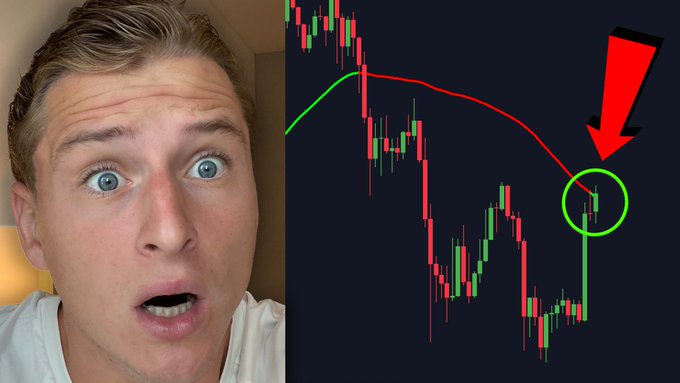 A split image shows a young man with an excited, wide-eyed expression on the left, paired with a Bitcoin price chart on the right featuring a red downward trend line and a large red arrow pointing to a circled candlestick pattern indicating a potential reversal, tied to a YouTube video titled "#BITCOIN: IT'S HAPPENING NOW."