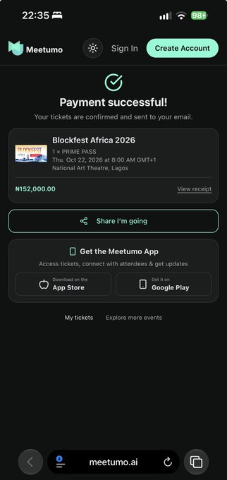 A Meetumo payment confirmation screen showing a successful ₦152,000 purchase of a "Blockfest Africa 2026" Prime Pass for Thu Oct 22, 2026 at the National Art Theatre in Lagos, supporting the post's excitement about attending the event next month.