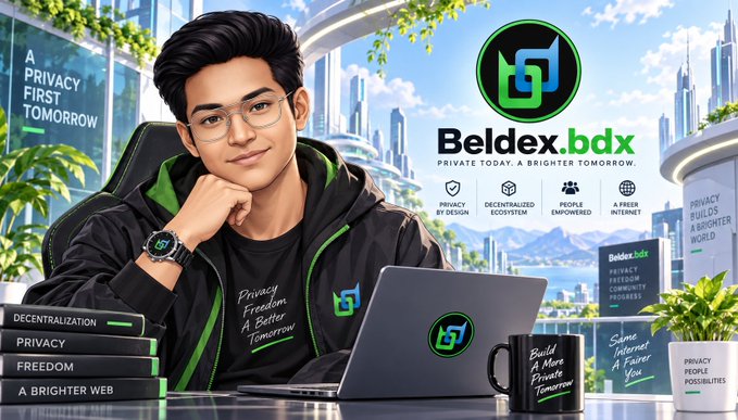 A promotional graphic for Beldex (bdx) features a young man with glasses in front of a futuristic cityscape, alongside the logo and the slogan 'Private Today. A Brighter Tomorrow.' with tags like 'Privacy by Design' and 'Decentralized Ecosystem'.