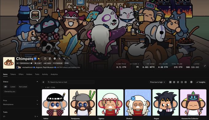 A screenshot of the 'Chimpers' NFT collection on a marketplace, showing cartoon characters with stats like floor price 0.71 ETH and a video of chimp avatars gathering in a bar.