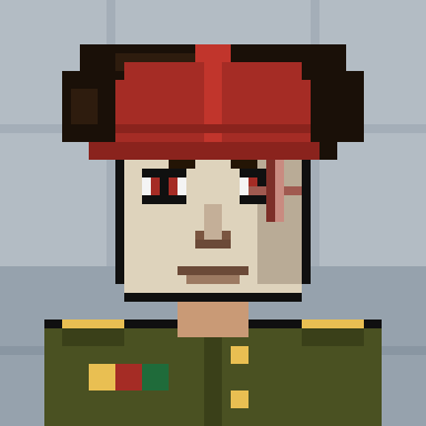 A pixel art portrait of a character with red eyes, brown hair, and a red helmet/headband, wearing a green military-style uniform with colorful insignia.