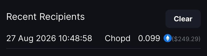 A screenshot of a 'Recent Recipients' section showing a transaction on '27 Aug 2026 10:48:58' to 'Chopd' for '0.099' Ethereum (worth $249.29).