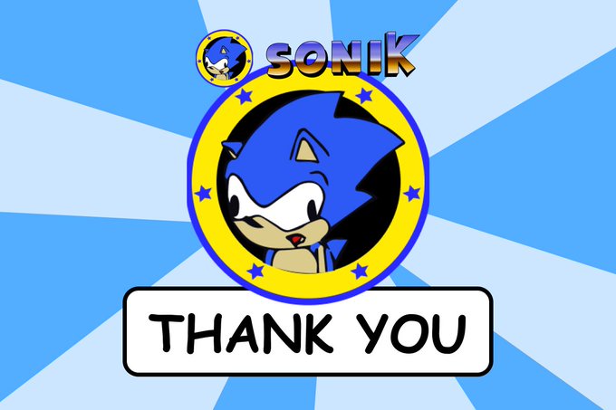 A graphic featuring Sonic the Hedgehog in a blue and yellow circular logo on a blue starburst background, with 'SONIK' written at the top and a 'THANK YOU' banner below.