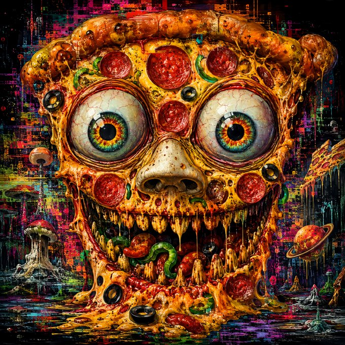 A grotesque, highly detailed digital artwork of a melting pizza-like face with large, staring eyes, pepperoni slices, and dripping cheese against a colorful, glitchy background.