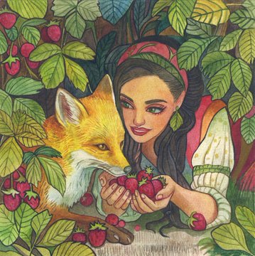 The image features a girl holding strawberries, with a fox nearby. The girl appears to be enjoying her time outdoors as she shares some of the fruit with the fox. The painting captures this moment beautifully, showcasing the bond between humans and animals.