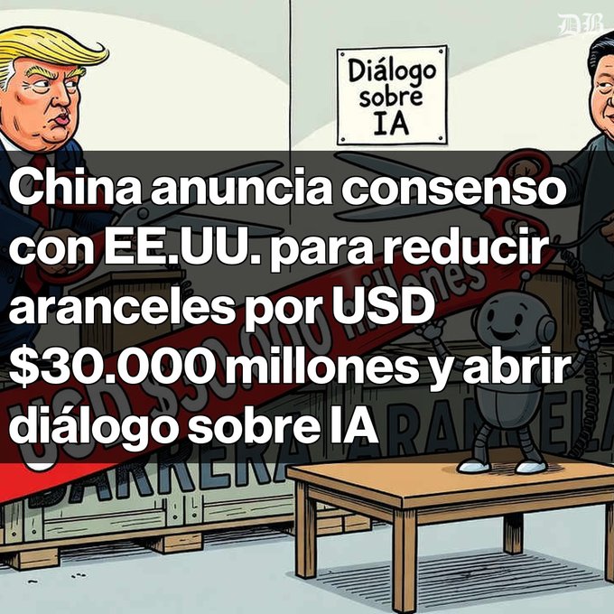 A political cartoon showing caricatures of Trump and Xi Jinping facing each other across a 'Diálogo sobre IA' (Dialogue on AI) sign, with overlaid Spanish text stating China announces consensus with the U.S. to reduce tariffs by $30 billion and open dialogue on AI.