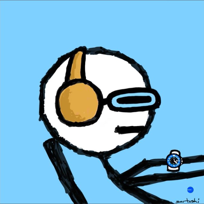 A minimalist illustration of a round-headed white cartoon figure wearing headphones and goggles, with a small wristwatch visible, signed "satoshi" in the corner.