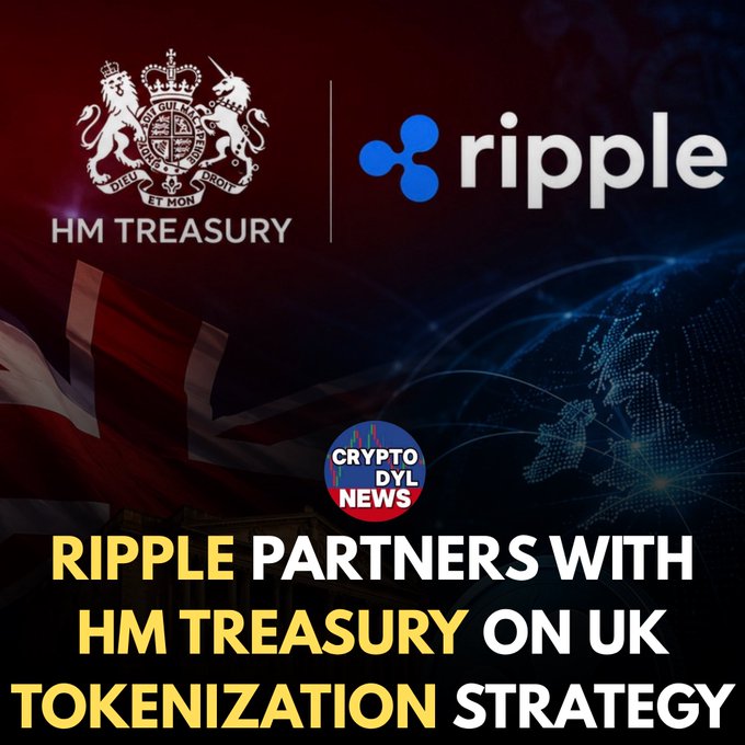 A promotional graphic from CryptoDylNews announces "RIPPLE PARTNERS WITH HM TREASURY ON UK TOKENIZATION STRATEGY," featuring the UK Royal Coat of Arms alongside the Ripple logo, with a Union Jack flag and digital globe imagery symbolizing the partnership.