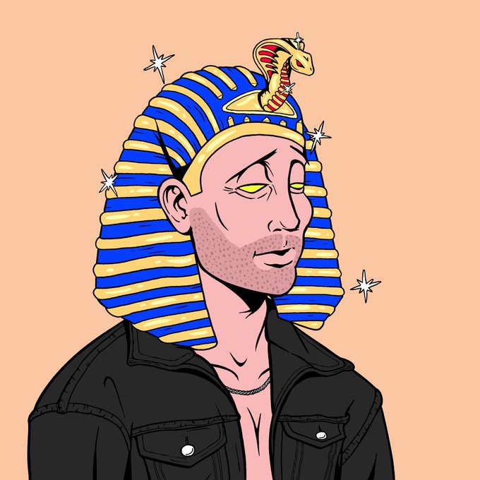 An illustrated portrait of a man with stubble wearing a black denim jacket and an Egyptian-style blue and gold striped nemes headdress topped with a golden cobra.
