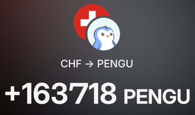 The image features a black background with white text that reads "CHF - PENGU". Below this, there are two red circles with a blue penguin inside each circle. The text also includes numbers such as "163378" and "+163718", which may be related to the purchase of the penguins or some other information about them.