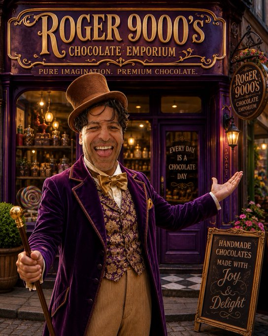 A man dressed as Willy Wonka in a purple velvet coat, brown top hat, and gold bow tie stands smiling in front of "Roger 9000's Chocolate Emporium" with signage reading "Pure Imagination. Premium Chocolate." and "Every Day is a Chocolate Day." A chalkboard advertises "Handmade Chocolates Made with Joy & Delight."