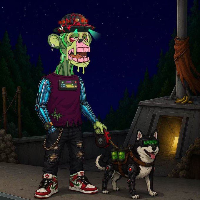 The image features a man dressed as a monkey, holding a dog that appears to be a husky or a wolfdog. The man's outfit consists of a purple shirt with a skull design and a green hat adorned with a skull and crossbones pattern. The dog is wearing a harness and has a backpack on its back. 

The post includes the caption "I want to follow all the English-speaking monkeys! 我想关注所有说英文的猴子! Ape follow ape #BAYC #MAYC". This message seems to be related to a popular meme or trend involving monkey costumes and dogs. The post has been shared by multiple people, indicating its popularity among the audience.