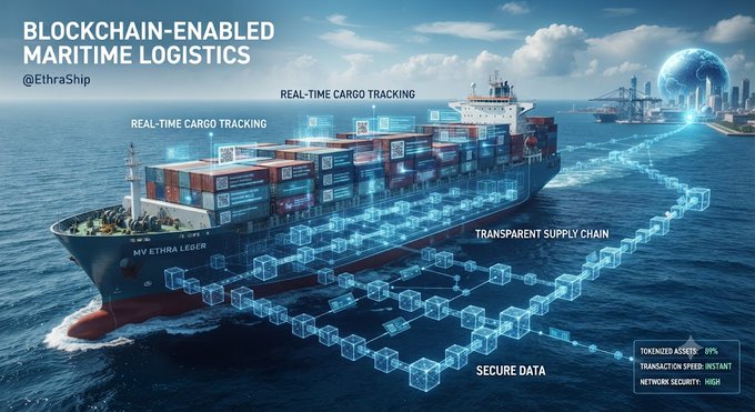 A digital illustration depicts 'BLOCKCHAIN-ENABLED MARITIME LOGISTICS @EithraShip' showing a cargo ship with digital cube overlays, highlighting 'REAL-TIME CARGO TRACKING', 'TRANSPARENT SUPPLY CHAIN', and 'SECURE DATA' features.
