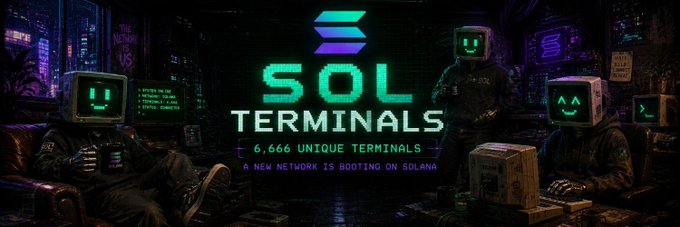 Promotional banner for 'SOL TERMINALS' featuring 6,666 unique terminals booting on Solana, with cyberpunk-styled characters wearing monitors as heads displaying pixelated faces.