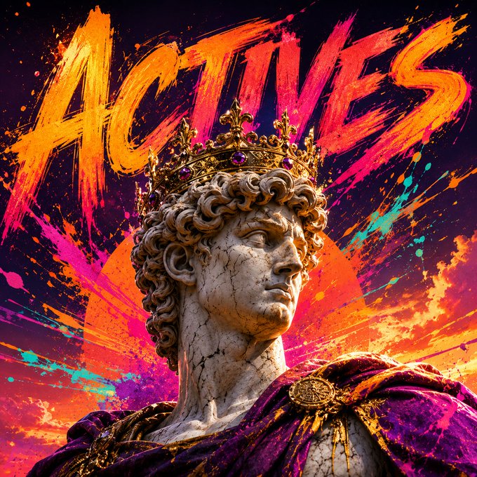 A vibrant image featuring the word "ACTIVES" in bold, painted graffiti-style text above a classical stone bust adorned with a royal golden crown and purple cape, set against a dramatic sunset with splashes of orange, pink, and teal. The regal "Actives" imagery ties into the post by symbolizing the reward for the top two active members in the giveaway.
