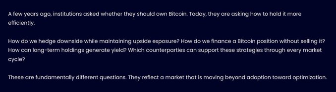 A dark-themed text slide discussing institutional Bitcoin investment, asking questions about hedging downsides, maintaining upside exposure, and financing positions without selling.