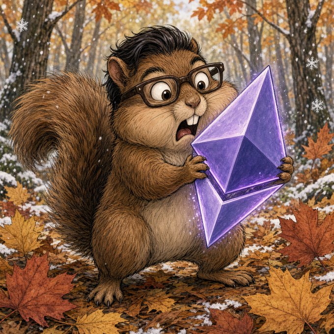 A digital illustration of a cartoon squirrel with messy dark hair and glasses, looking surprised as it holds a glowing purple crystal in an autumn forest with fallen leaves and snowflakes.