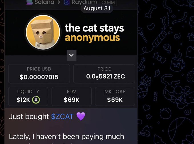 A screenshot of a Solana/Raydium token page for "ZCAT" (the cat stays anonymous) showing a $69K market cap on August 31, which the poster references to highlight their early call before the token's market cap surged to $150M.