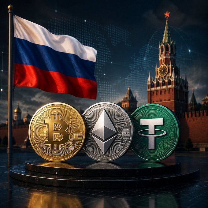 Digital artwork showing physical Bitcoin, Ethereum, and Tether coins displayed on a pedestal, with the Russian flag and the Kremlin in the background.