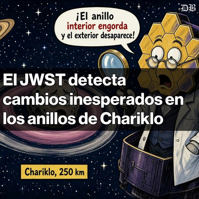 A Spanish-language space illustration showing the JWST detecting unexpected changes in Chariklo's rings, with a character saying '¡El anillo interior engorda y el exterior desaparece!' and a label 'Chariklo, 250 km'.