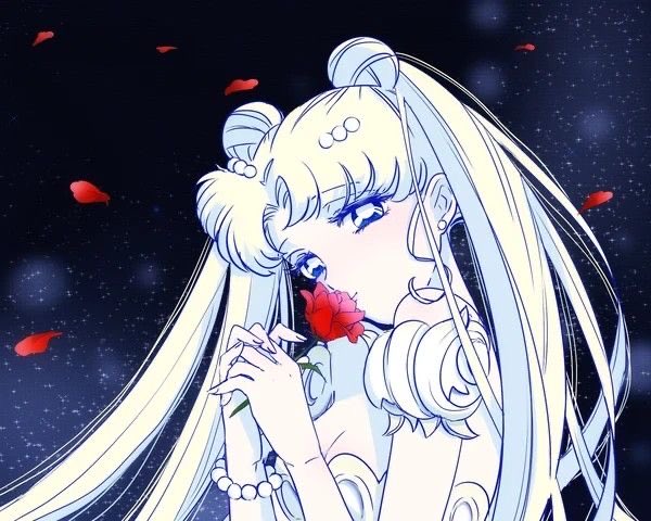 An anime-style illustration of a girl with long blonde twin-tails holding a red rose against a starry night sky with rose petals floating around her.