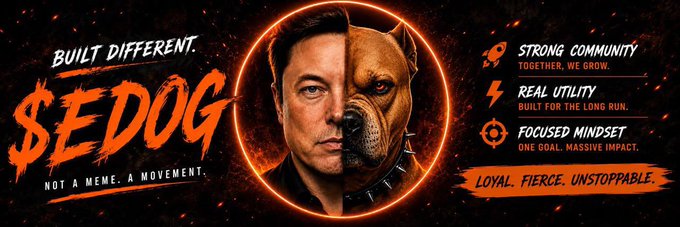 A promotional banner for the '$EDOG' cryptocurrency features a split image of Elon Musk and a pitbull, with the text 'BUILT DIFFERENT. NOT A MEME. A MOVEMENT.' and lists features like 'STRONG COMMUNITY', 'REAL UTILITY', and 'FOCUSED MINDSET'.