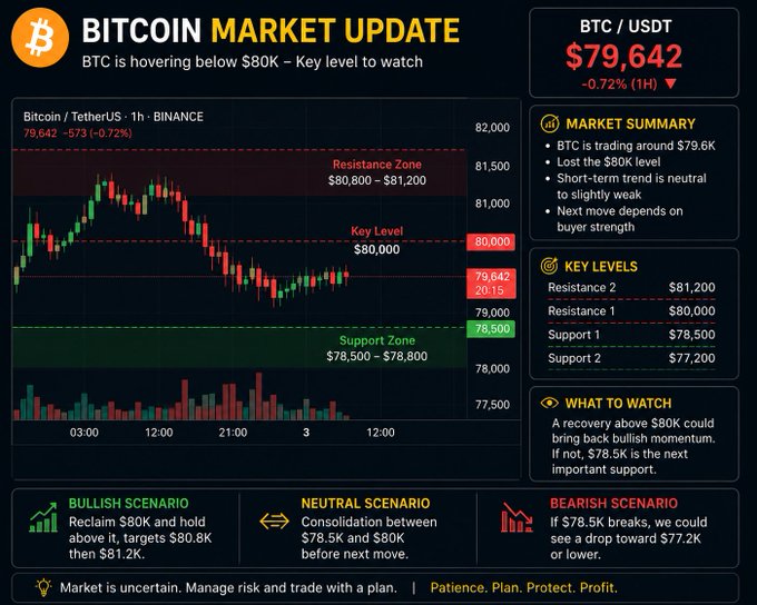 A Bitcoin Market Update dashboard from BINANCE shows BTC/USDT at $79,642 (down 0.72%), hovering below the $80K key level, with resistance zones at $80,800-$81,200 and support at $78,500-$78,800, outlining bullish, neutral, and bearish scenarios.