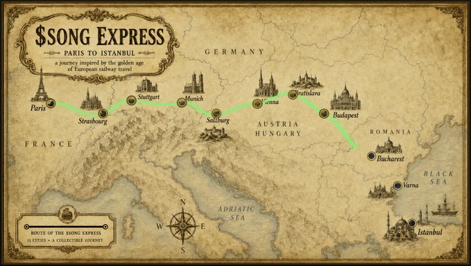 A vintage-style map titled '$song Express - Paris to Istanbul' traces a railway journey across Europe through 11 cities, inspired by the Orient Express.