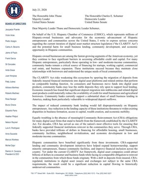 The image shows a press release from U.S. Representatives French Hill (AR-02) and Bryan Steil (WI-01), dated July 21, 2020, titled "The Honorable John Thune" and "The Honorable Charles E. Schumer" in the Senate, regarding the "Clarity for Digital Token Startups Act." The accompanying post relates to the content, criticizing the legislation's approach to digital assets and arguing that the framework benefits traditional banks over broader American participation in digital asset innovation.
