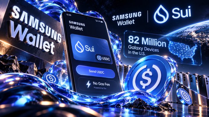 A Samsung Wallet and Sui promotional graphic shows a smartphone screen with "Sui," "USDC," "Send USDC," and "No Gas Fee Powered by Sui," alongside text reading "82 Million Galaxy Devices in the U.S."