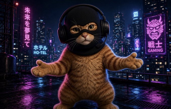 A cat wearing a black beanie, headset, and mask stands on a cyberpunk rooftop at night, with neon signs displaying Japanese text including "ホテル HO-TEL" and "戦士 GAMING".
