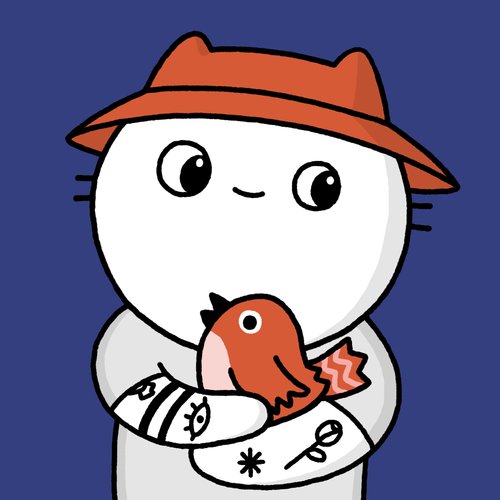 A cartoon illustration depicts a white cat-like character wearing an orange hat, holding a red bird and a fish, with scissors and symbols on its body, set against a blue background.