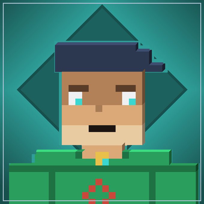 A pixel art illustration of a character with teal eyes and dark blue hair wearing a green outfit, set against a teal background with a diamond shape.