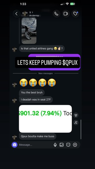 A screenshot of an Instagram DM conversation between two users discussing the ticker $QPUX, with messages including "Is that united airlines gang," "LETS KEEP PUMPING $QPUX," and "Qpux boutta make me buss," alongside a stock price chart showing 7.94% gains—visually supporting the post's claim that others are "printing" profits on $QPUX and hyping a potential $300 target.