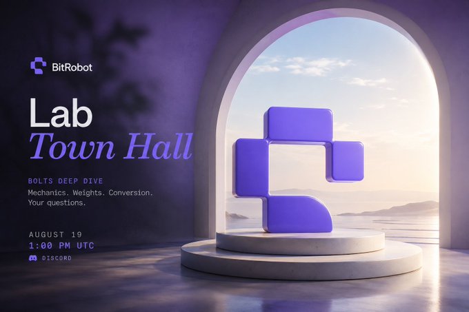 A promotional graphic for BitRobot's 'Lab Town Hall' event on August 19 at 1:00 PM UTC on Discord, featuring a 3D purple block logo on a pedestal against an arched window overlooking water.