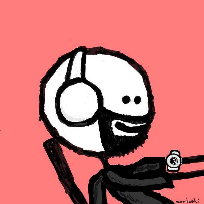 A stylized drawing of a stick figure character with a white helmet, single eye-like visor, and beard, holding a wristwatch, set against a solid pink background and signed 'sartoshi'.