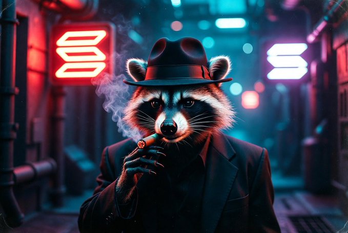 An anthropomorphic raccoon wearing a black fedora and suit smokes a cigar in a neon-lit cyberpunk alley, embodying the "gangster raccoon" mascot of the $GBAND meme coin as he prepares to "steal SOL" on the Solana network.