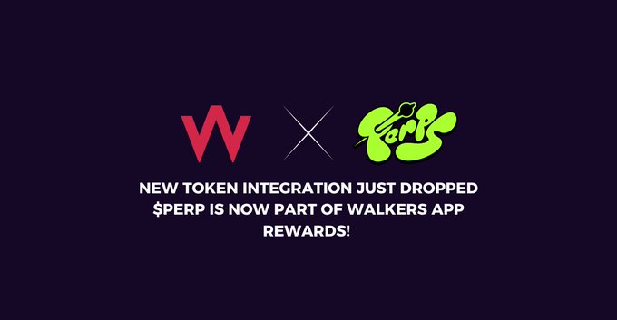 The image features a purple background with two logos side by side. The first logo is red and white, while the second logo is green and yellow. Below these logos, there's text that reads "New token integration just dropped $PERP is now part of walkers app rewards!". This suggests that Walkers has recently integrated a new token system into their app, and they are offering rewards to users who participate in this new feature.