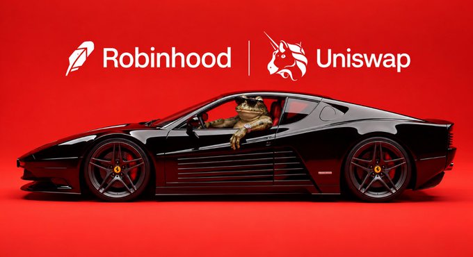 A promotional graphic features a black Ferrari sports car with a frog character inside, set against a red background with the logos for Robinhood and Uniswap displayed above.