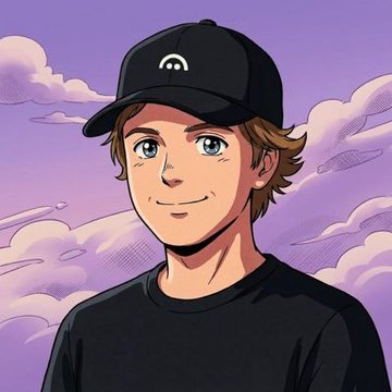 Anime-style cartoon portrait of a smiling young man wearing a black cap and black shirt against a purple sky with clouds.