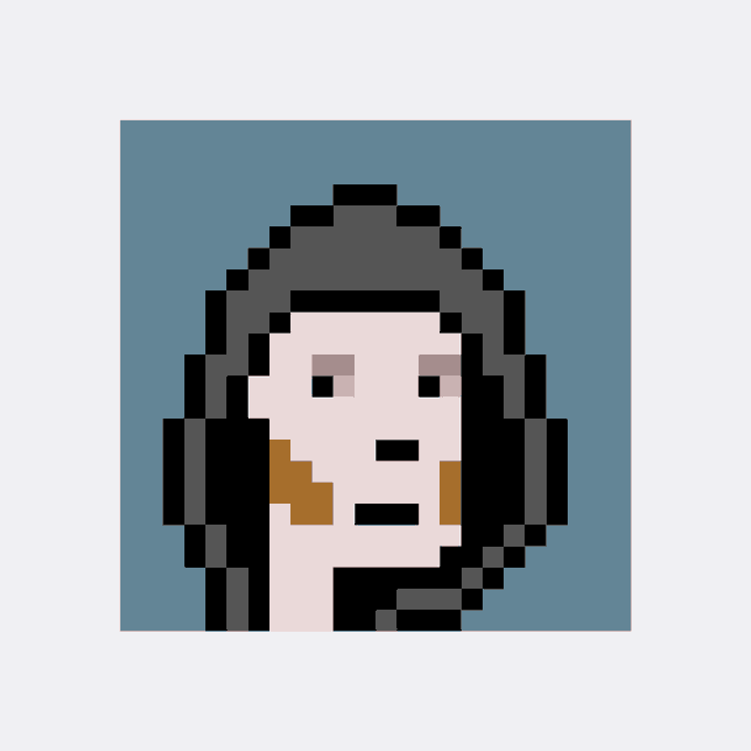 A pixel art style portrait of a person with dark hair and pale skin against a blue square background, rendered in a low-resolution 8-bit aesthetic.