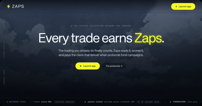 A Zaps landing page with the tagline 'Every trade earns Zaps' and a 'Launch app' button, described as 'The Capital Allocation Network for Traders.'